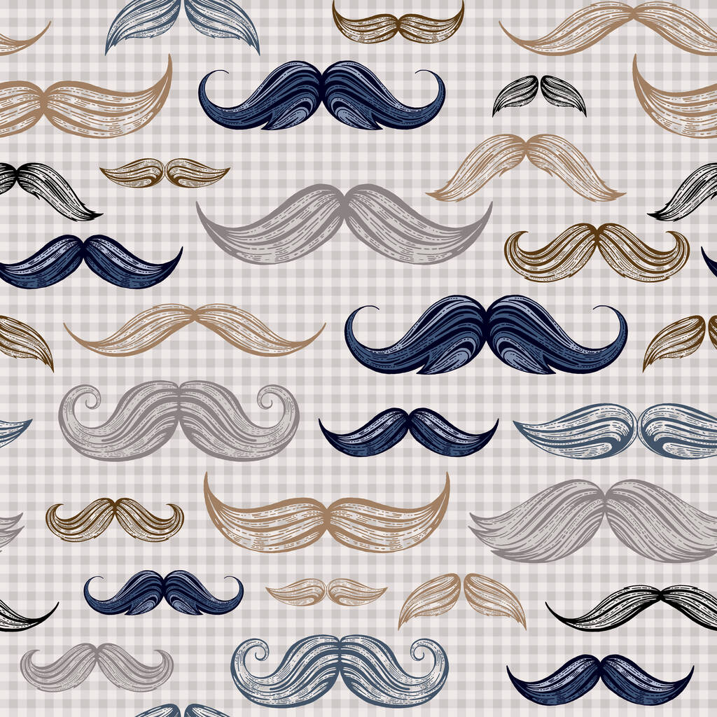 Vintage moustaches seamless hand drawn pattern. Retro classic french, british face style texture background. Line sketch, hipster element. Wallpaper, wrapping paper, fabric print vector illustration - Vektor, obrázek