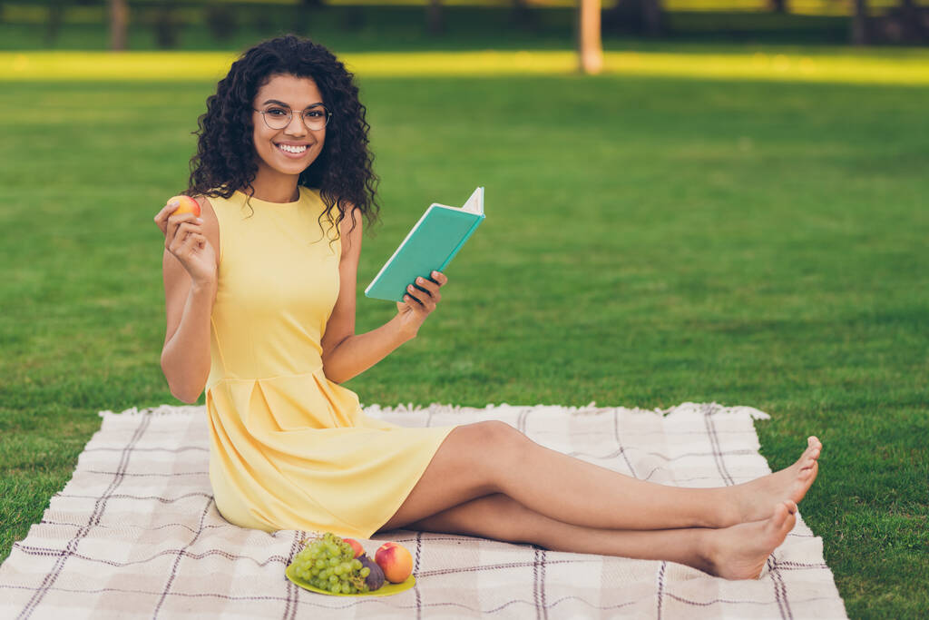 Profile side view portret atrakcyjnej inteligentnej wesołej dziewczyny siedzi na kratę czytania książki rozrywka świeże powietrze w parku odkryty - Zdjęcie, obraz