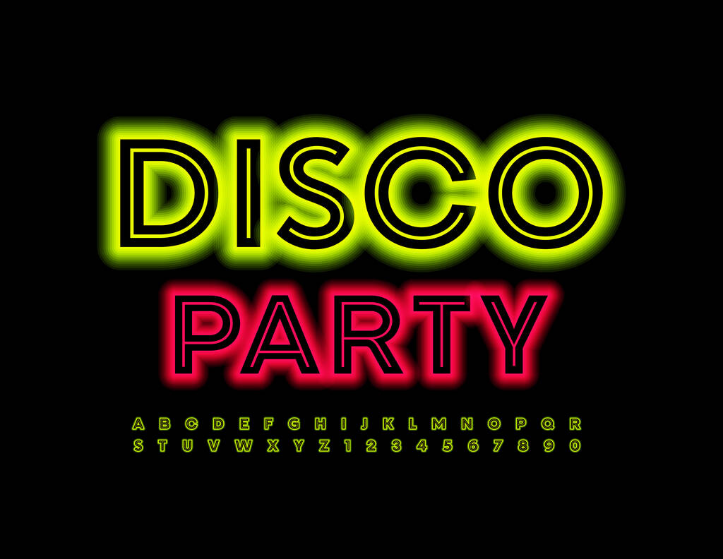 Vector trendy flyer Disco Party. Neon creatief lettertype. Geel licht Alfabet Letters en cijfers set - Vector, afbeelding