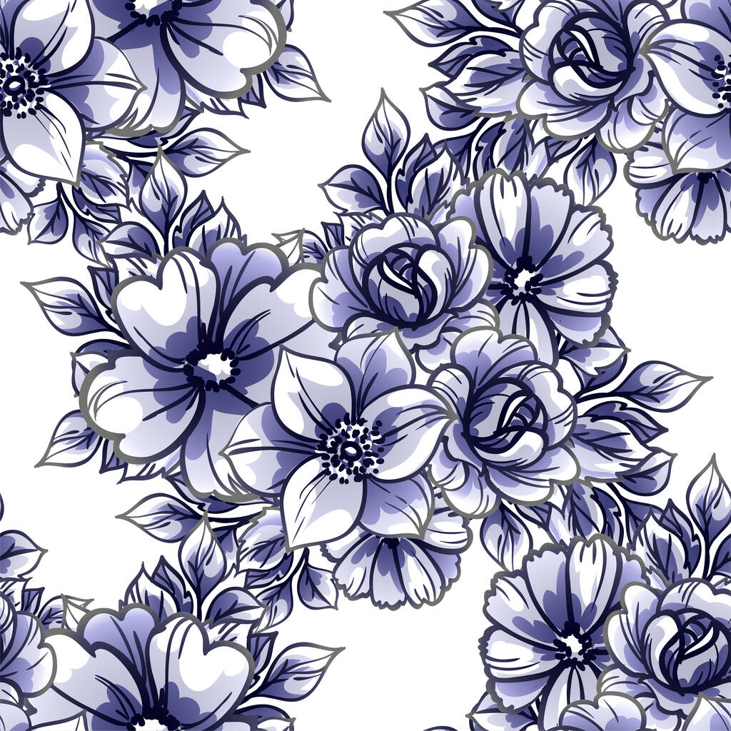 vector seamless pattern with blue, black and white flowers. design for textile and scrapbook - Vector, Image