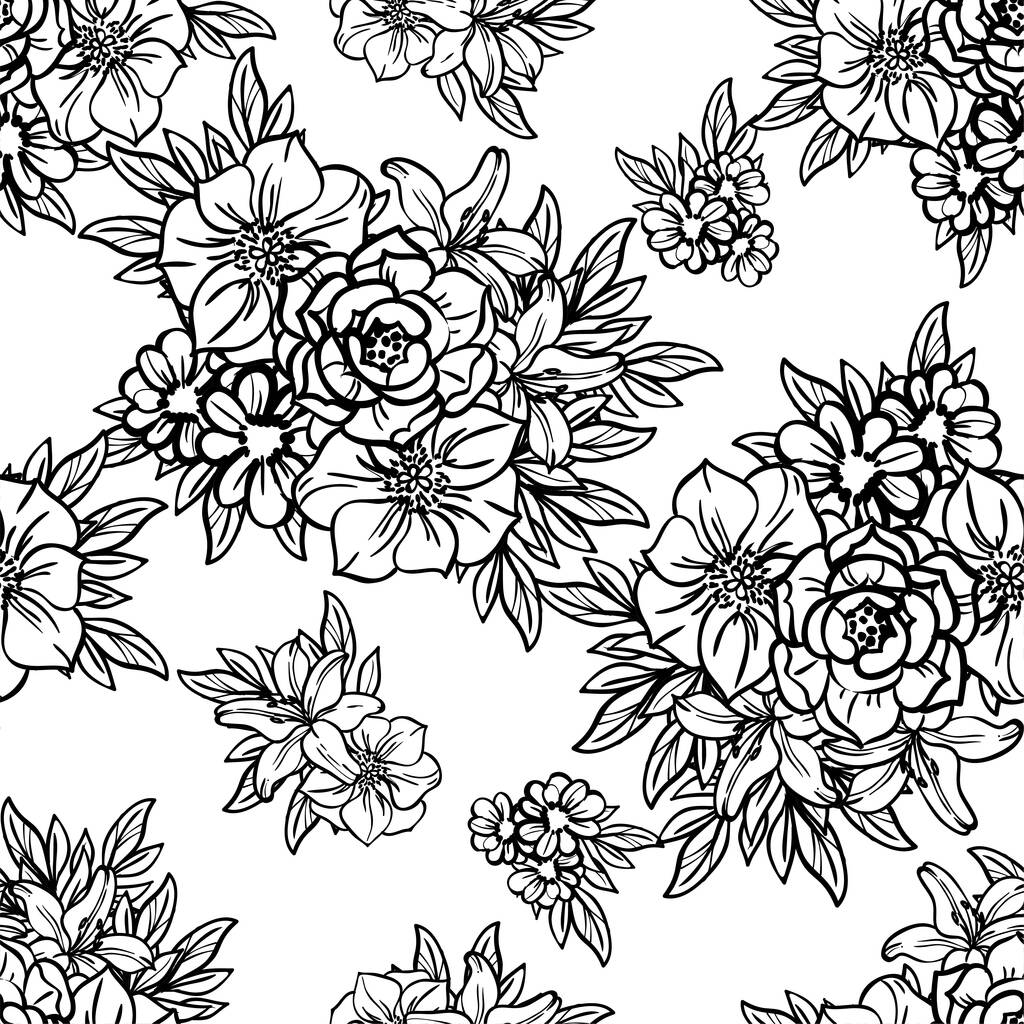 黒と白のヴィンテージの花でベクトルシームレスパターン。テキスタイルやスクラップブックのデザイン - ベクター画像