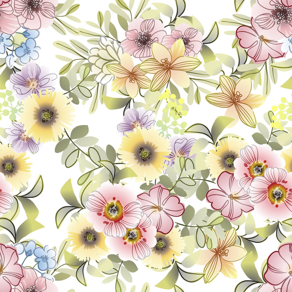 ヴィンテージカラフルな花でベクトルシームレスパターン。テキスタイルやスクラップブックのデザイン - ベクター画像