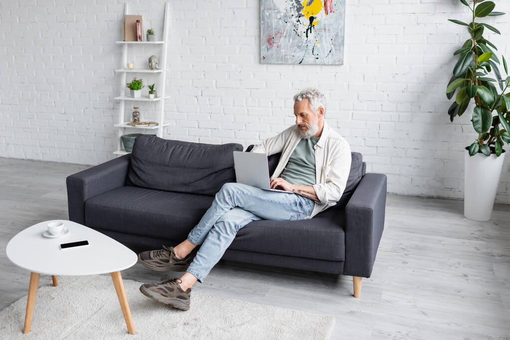 vousatý muž s šedými vlasy sedí na gauči a pomocí notebooku v obývacím pokoji - Fotografie, Obrázek