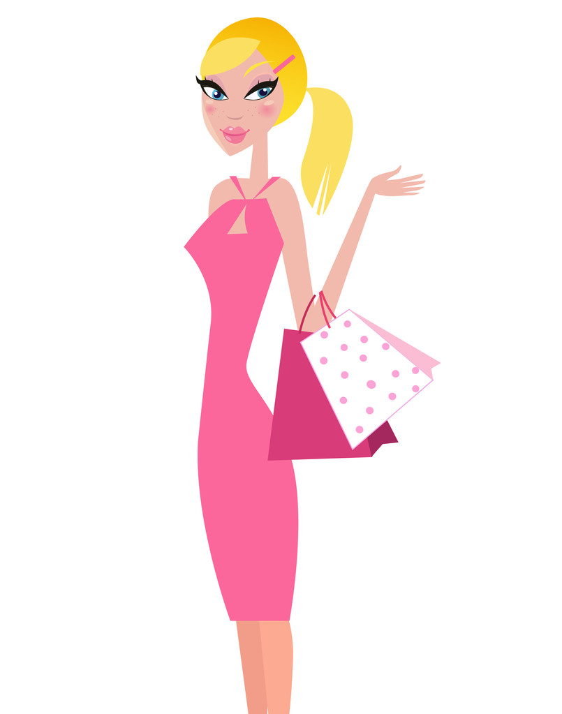 Shopper tyttö vaaleanpunainen mekko kuljettaa ostoskassit
 - Vektori, kuva