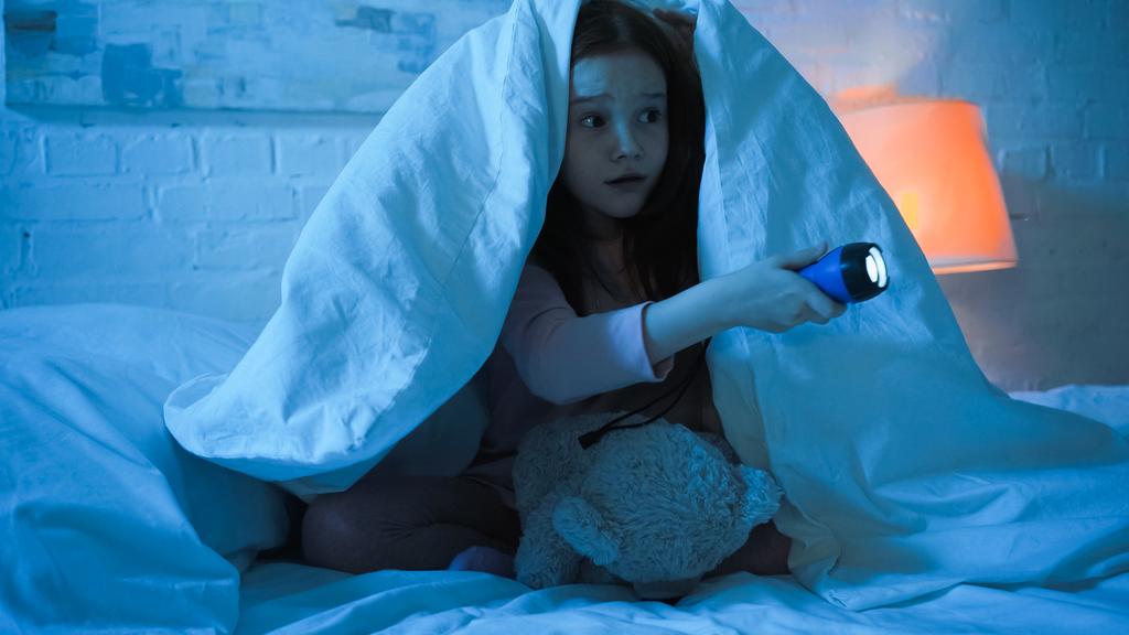 Испуганный ребенок с плюшевым мишкой держит фонарик на кровати ночью  - Фото, изображение