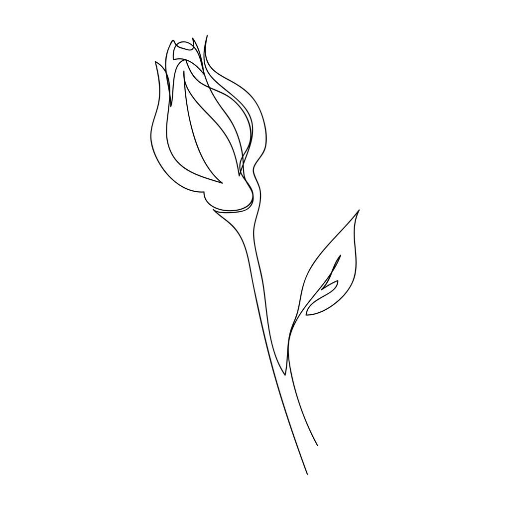 Kontinuierliche einzeilige Zeichnung einer Rose. Schwarz-weiße Vektorillustration einer Blume. Logo, Postkarte, Banner, Plakat, Flyer-Konzept - Vektor, Bild