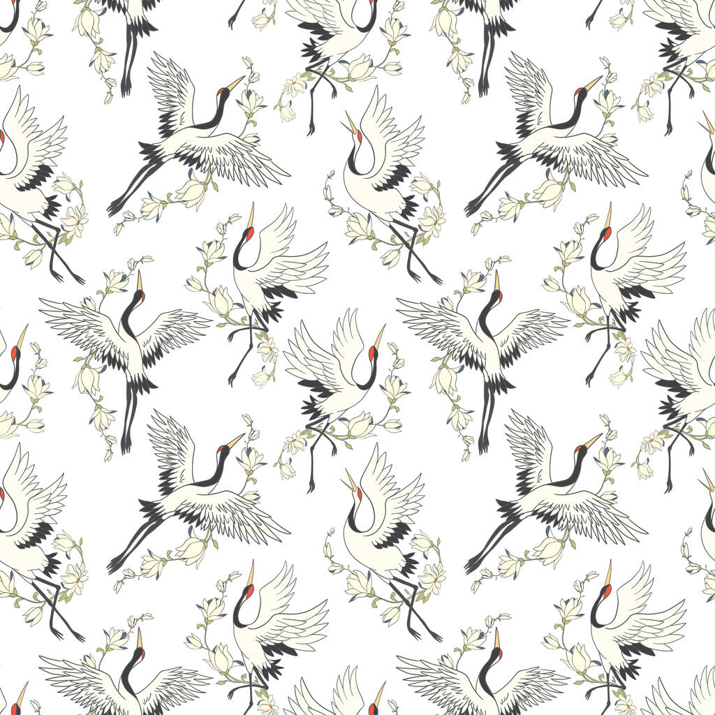 Płynny wzór z kwiatami i białymi żurawiami japońskimi. Wektor, ilustracja - Wektor, obraz