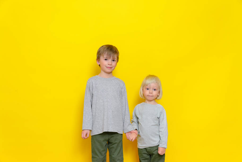 Retrato de dois meninos irmãos sorrindo e de mãos dadas. Fotografia de estúdio em um fundo amarelo, fundo colorido. - Foto, Imagem