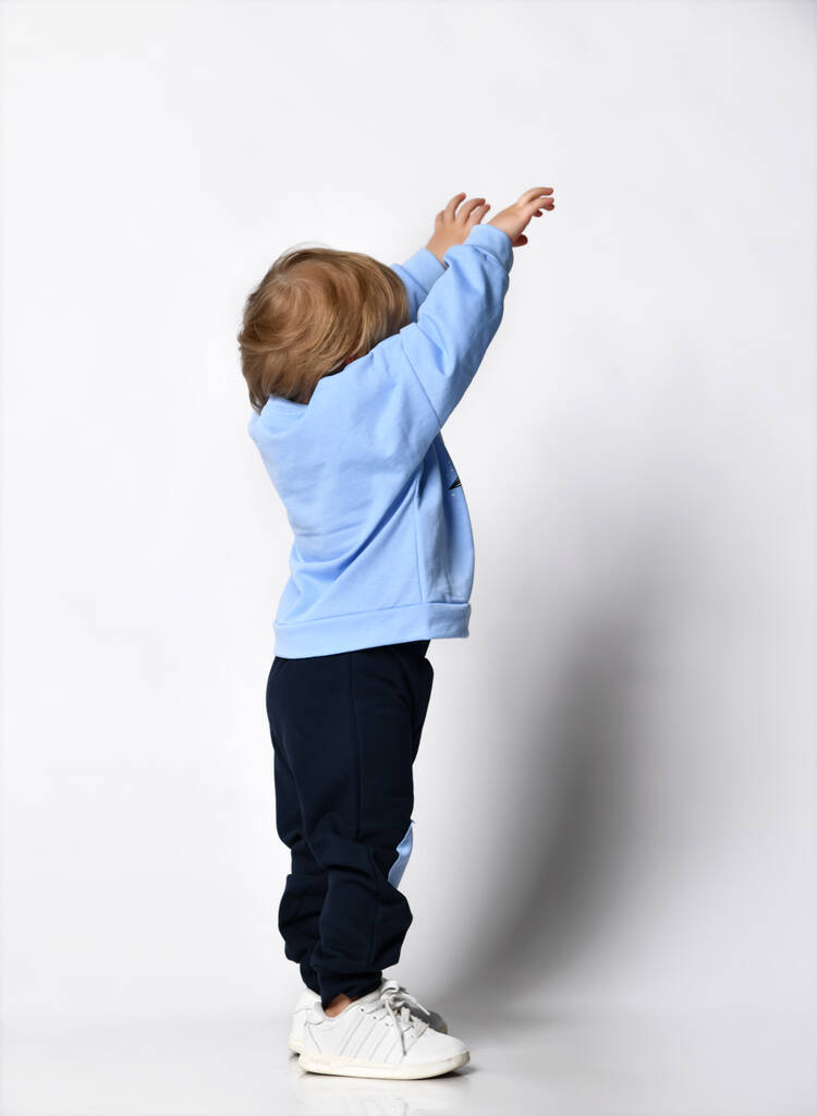 petit garçon blond en t-shirt bleu posant sur fond clair - Photo, image