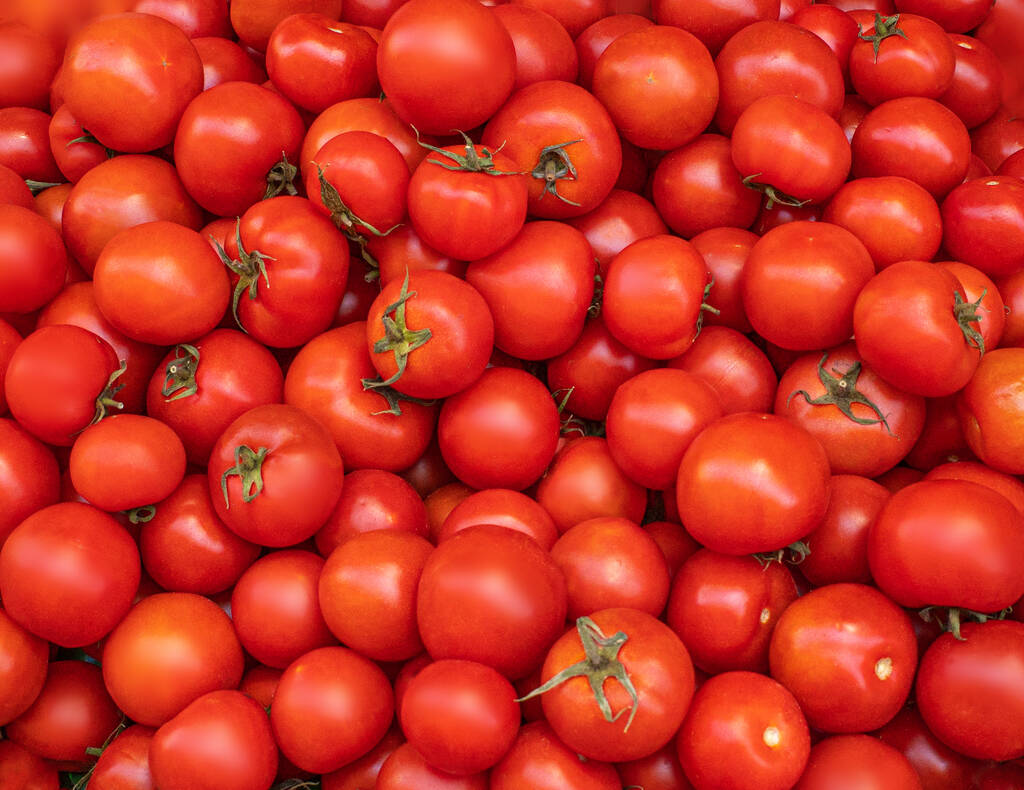 Tomates orgânicos closeup. Tomates vermelhos como pano de fundo em uma agricultura Mercado de verão. superior vie - Foto, Imagem