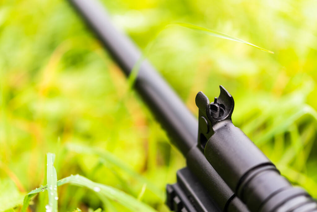 Vista del rifle de cerca sobre un fondo de hierba cubierta - Foto, imagen