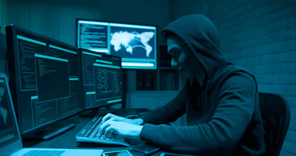 Lato asiatico maschio hacker utilizzare il computer per commettere un crimine - Foto, immagini