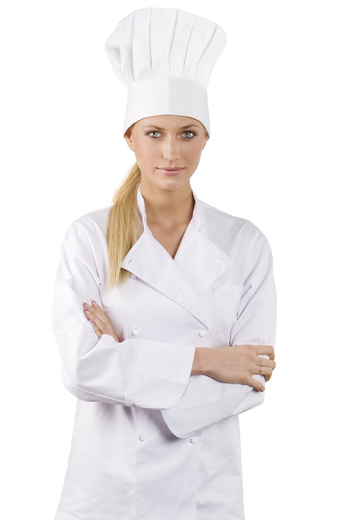 blond a mladá žena v bílých šéfkuchař šaty s kloboukem - Fotografie, Obrázek