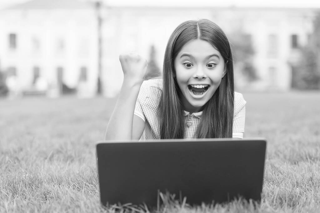 Çevrimiçi iş. Mutlu bloglar. Yeşil çimlerde dizüstü bilgisayarla oturan kız. Çalıştır. Çocuk bilgisayar oyunu oynuyor. Okula dönüyorum. İnternet eğitimi. Bilgi günü. çocuk özel ders öğreniyor - Fotoğraf, Görsel