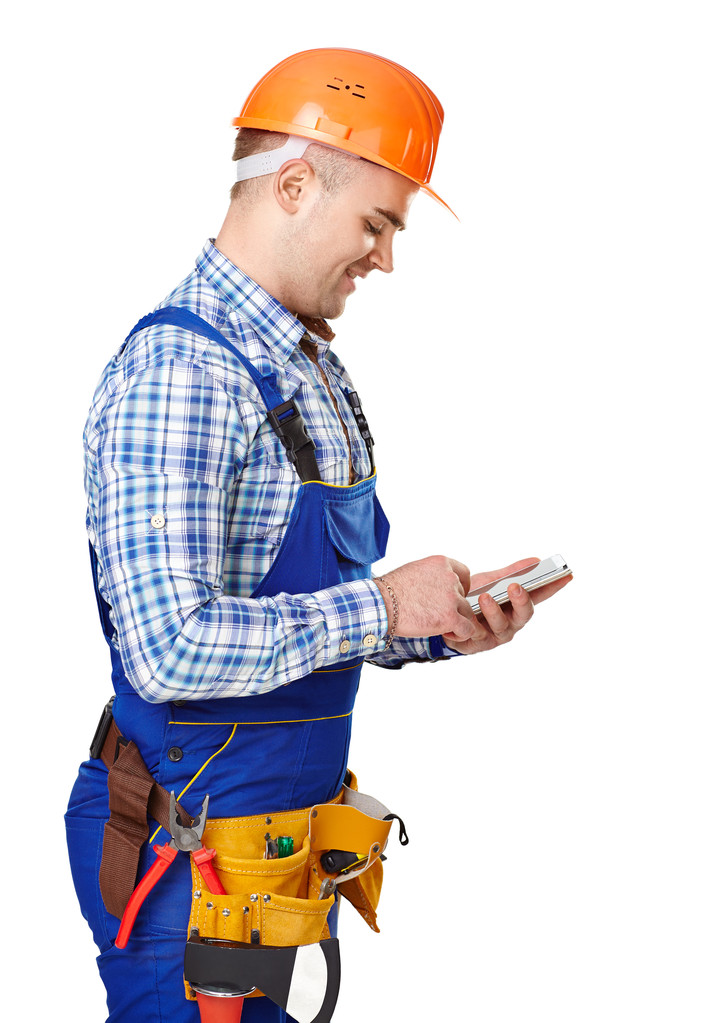 Jovem trabalhador da construção com smartphone
  - Foto, Imagem