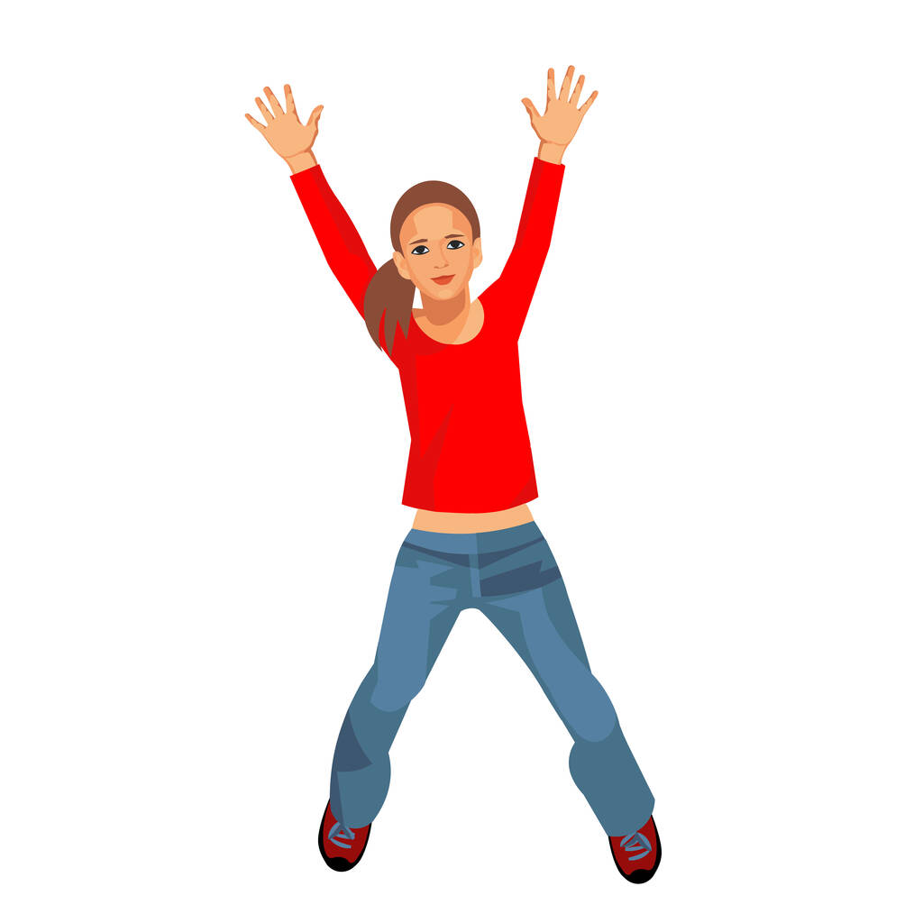 meisje springen met haar handen omhoog vector geïsoleerde figuur op witte achtergrond - Vector, afbeelding