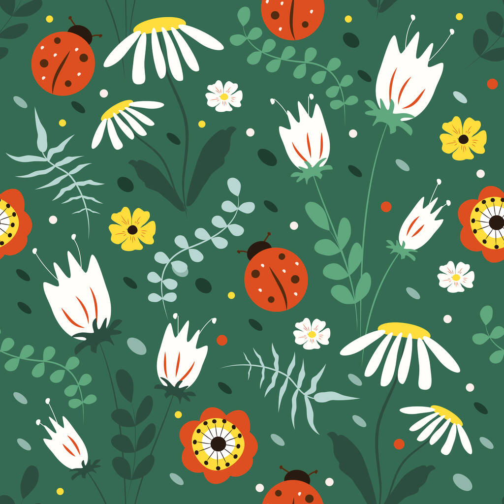  lindo patrón sin costuras con flores dibujadas a mano, hierbas y mariquitas en tonos verdes. fondo de verano en estilo plano. patrón para imprimir en tela, ropa, papel de embalaje - Vector, imagen