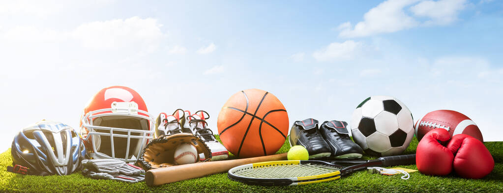 Various Sport Equipment And Balls On Grass - Photo, Image