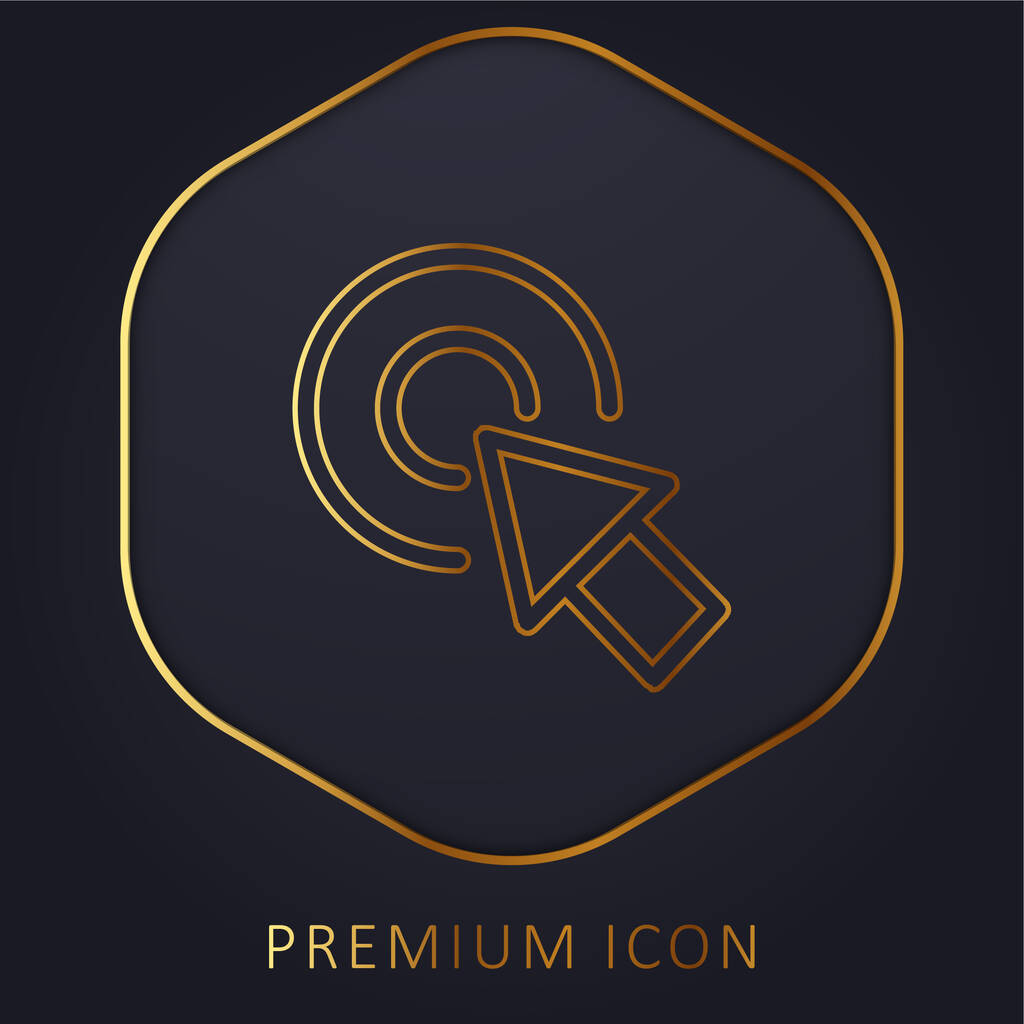 Pfeil zeigt die Mitte eines kreisförmigen Knopfes von zwei konzentrischen Kreisen goldene Linie Premium-Logo oder Symbol - Vektor, Bild