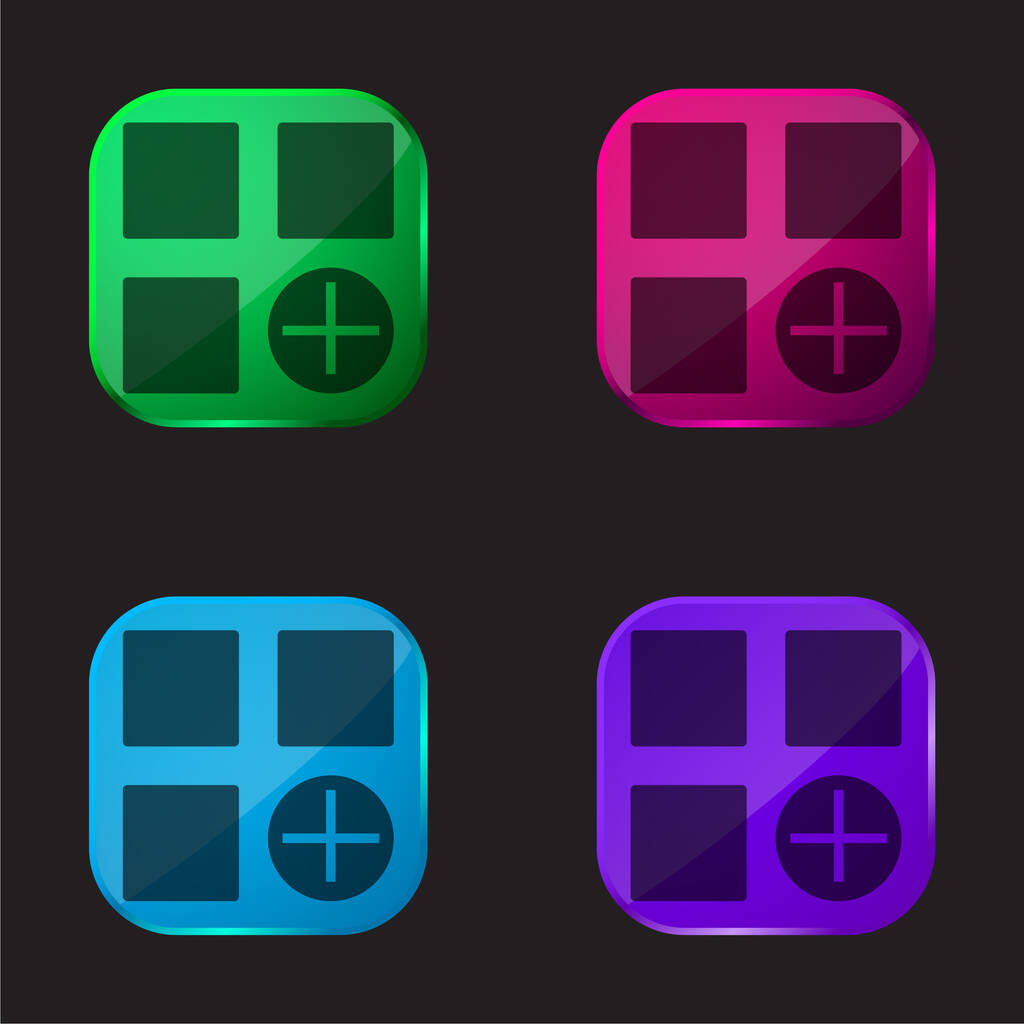 Adicionar ícone de botão de vidro de quatro cores - Vetor, Imagem