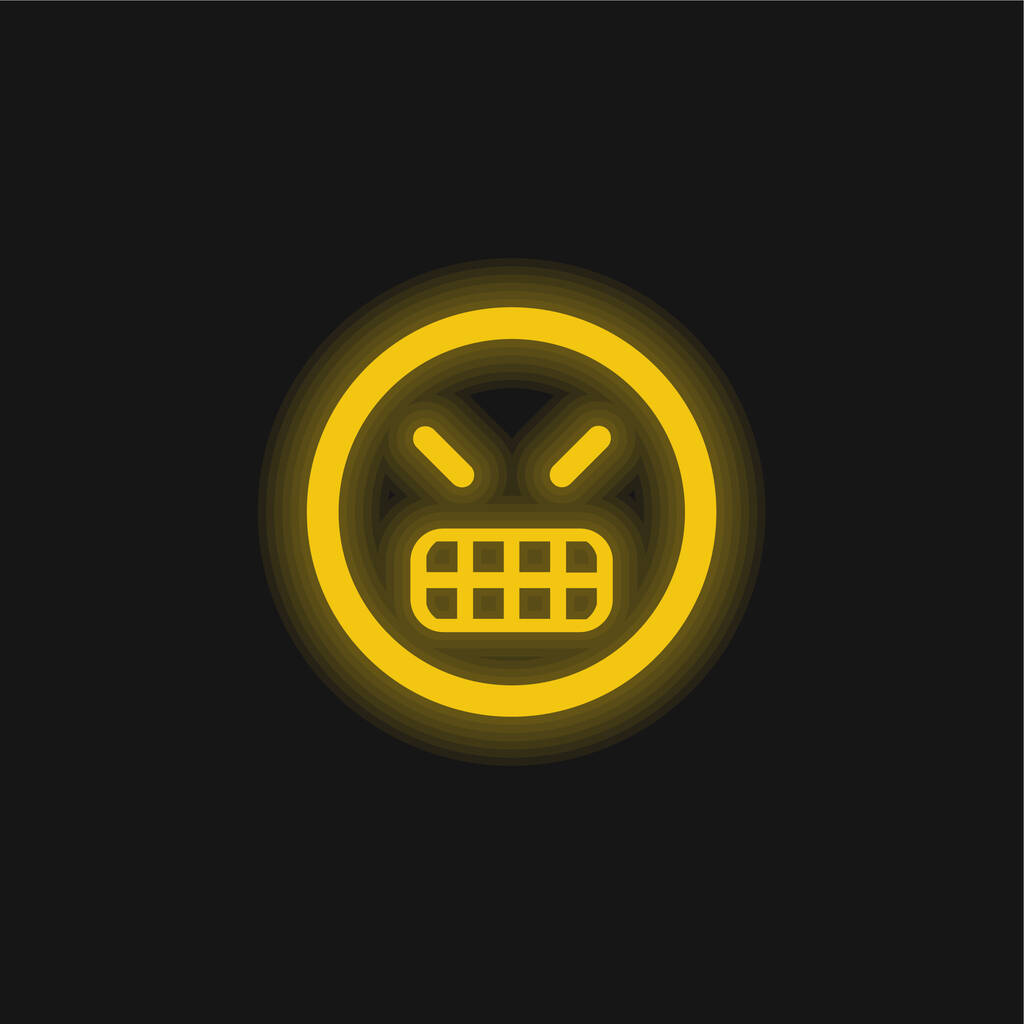 Angry Emoticon Square Arc sárga izzó neon ikon - Vektor, kép