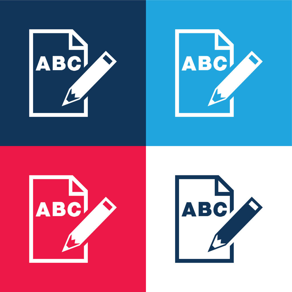 Письма ABC на бумажном листе с интерфейсом карандаша Символ синий и красный четыре цвета минимальный набор значков - Вектор,изображение