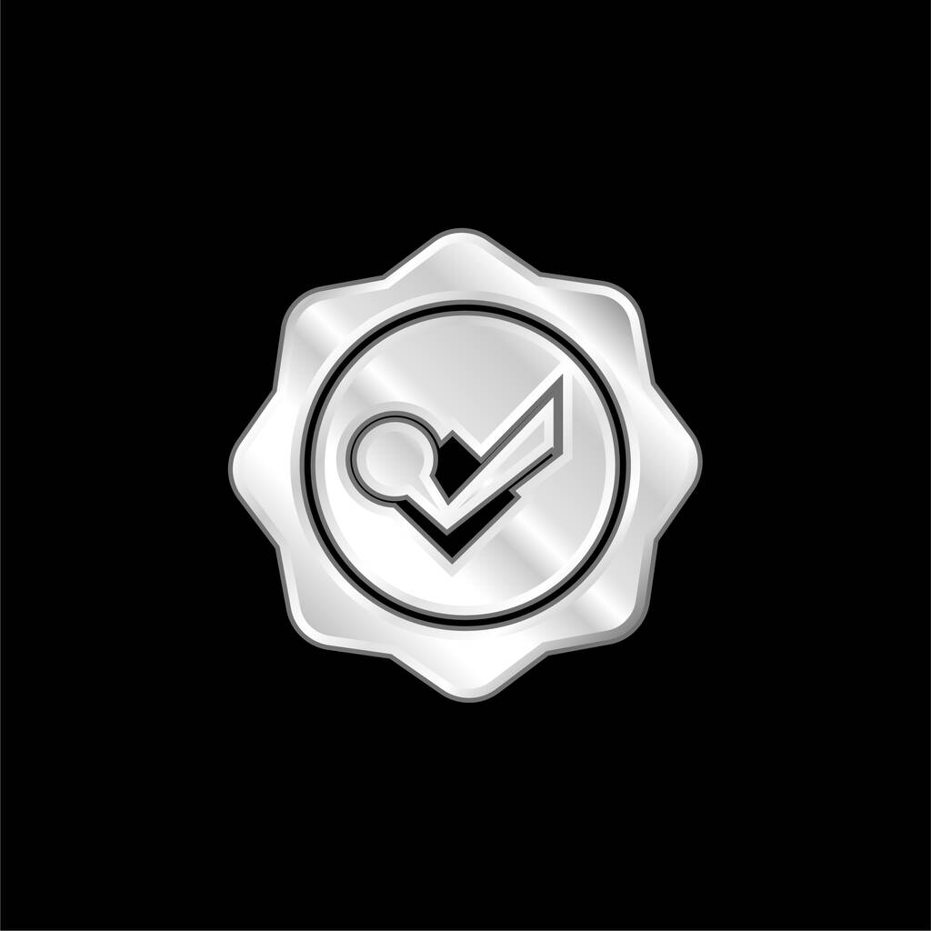 Badge With Check Mark silver plated metallic icon - Vector, Image