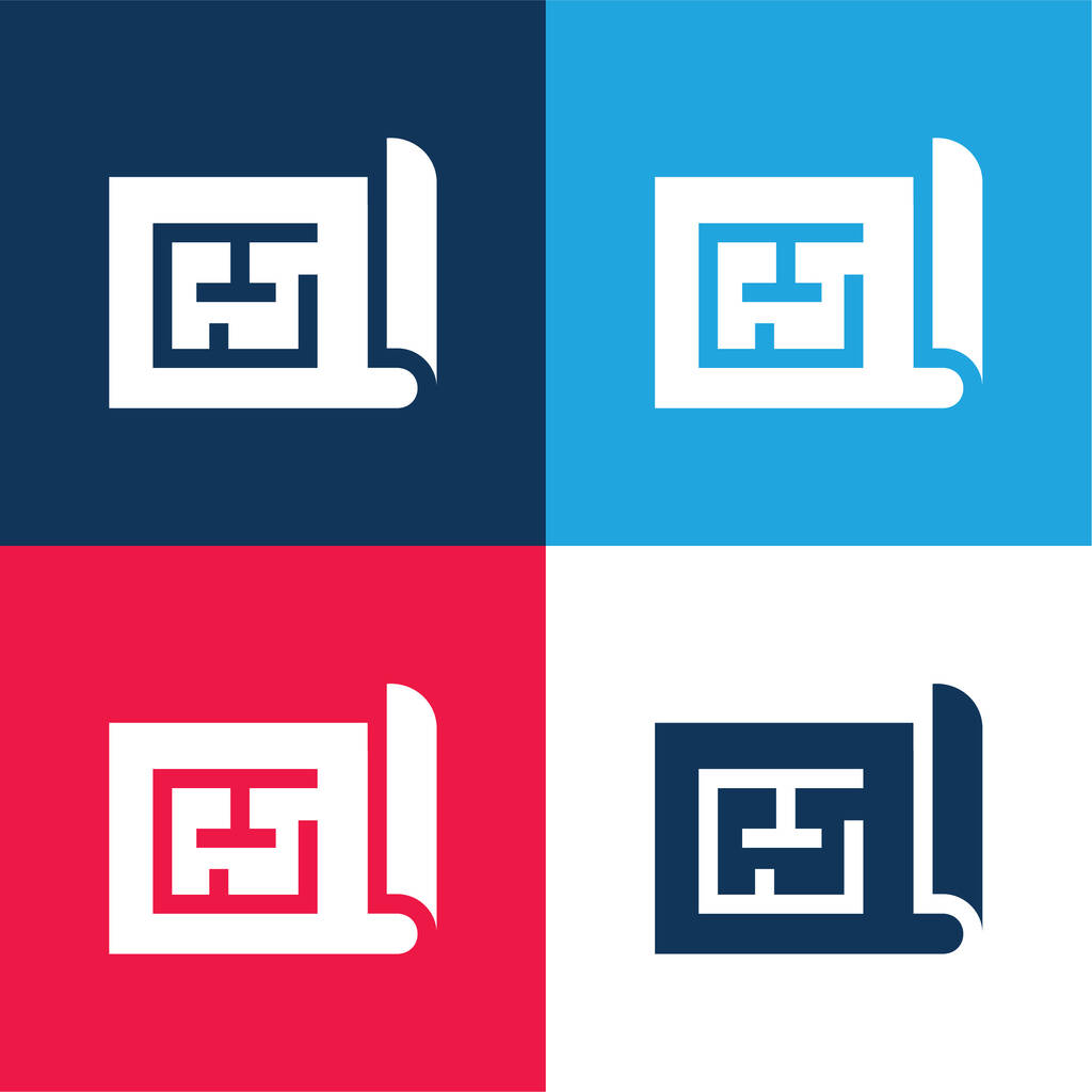Blauwdruk blauw en rood vier kleuren minimale pictogram set - Vector, afbeelding