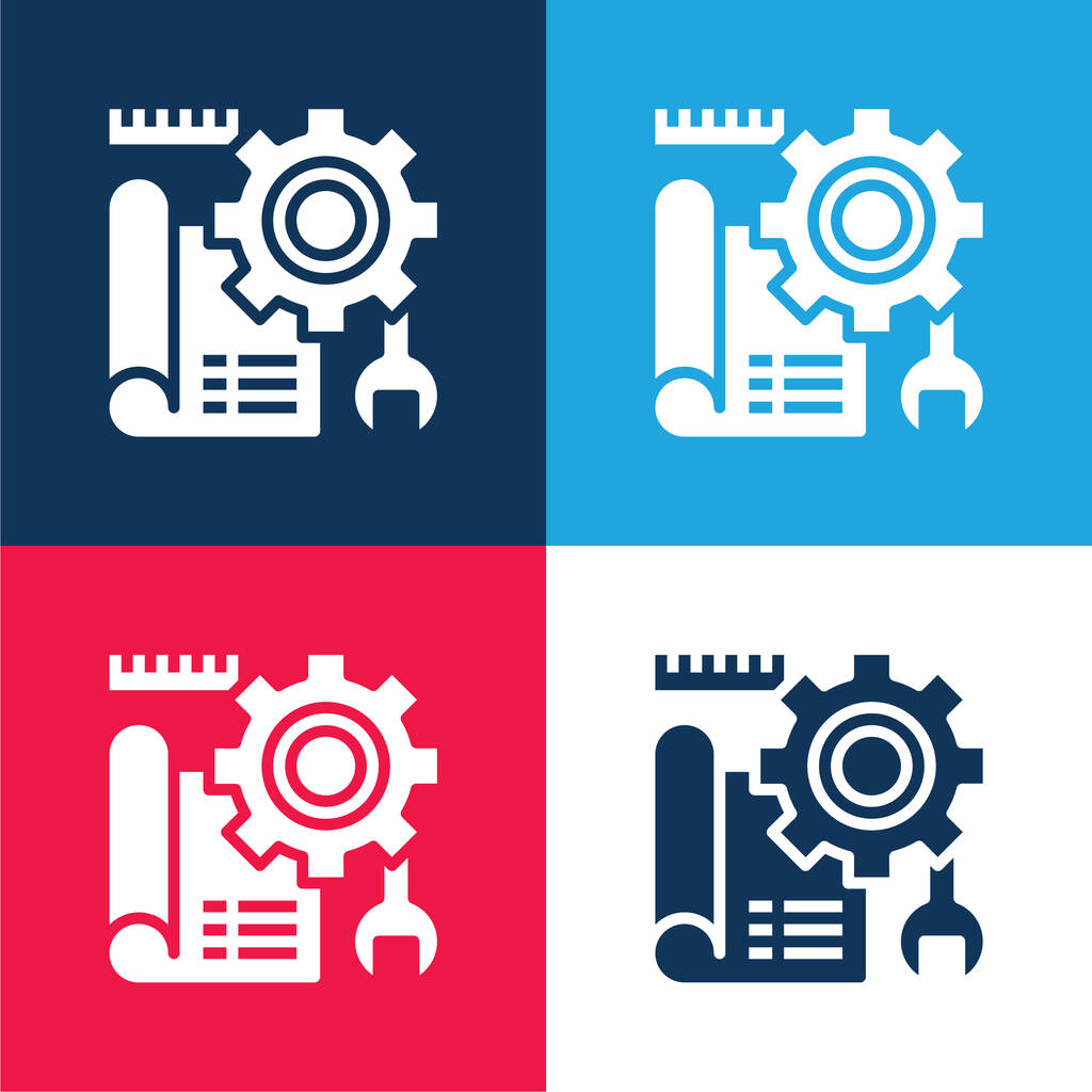Blueprint azul y rojo conjunto de iconos mínimo de cuatro colores - Vector, imagen