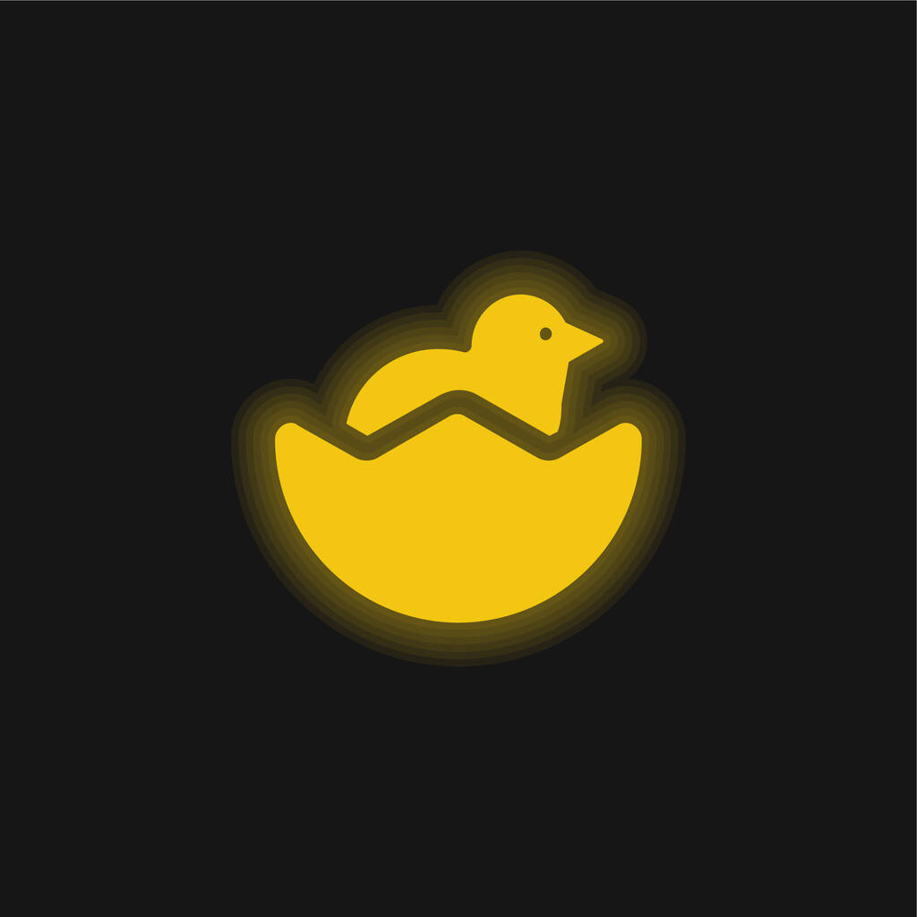 Bebé de pollo y medio huevo Shell amarillo brillante icono de neón - Vector, imagen