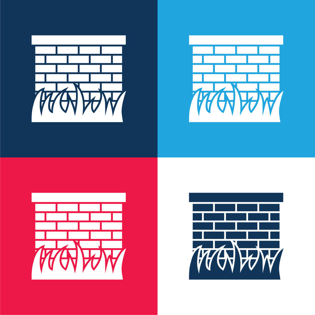 Ladrillos de pared con hojas de hierba Frontera azul y rojo cuatro colores mínimo icono conjunto - Vector, Imagen