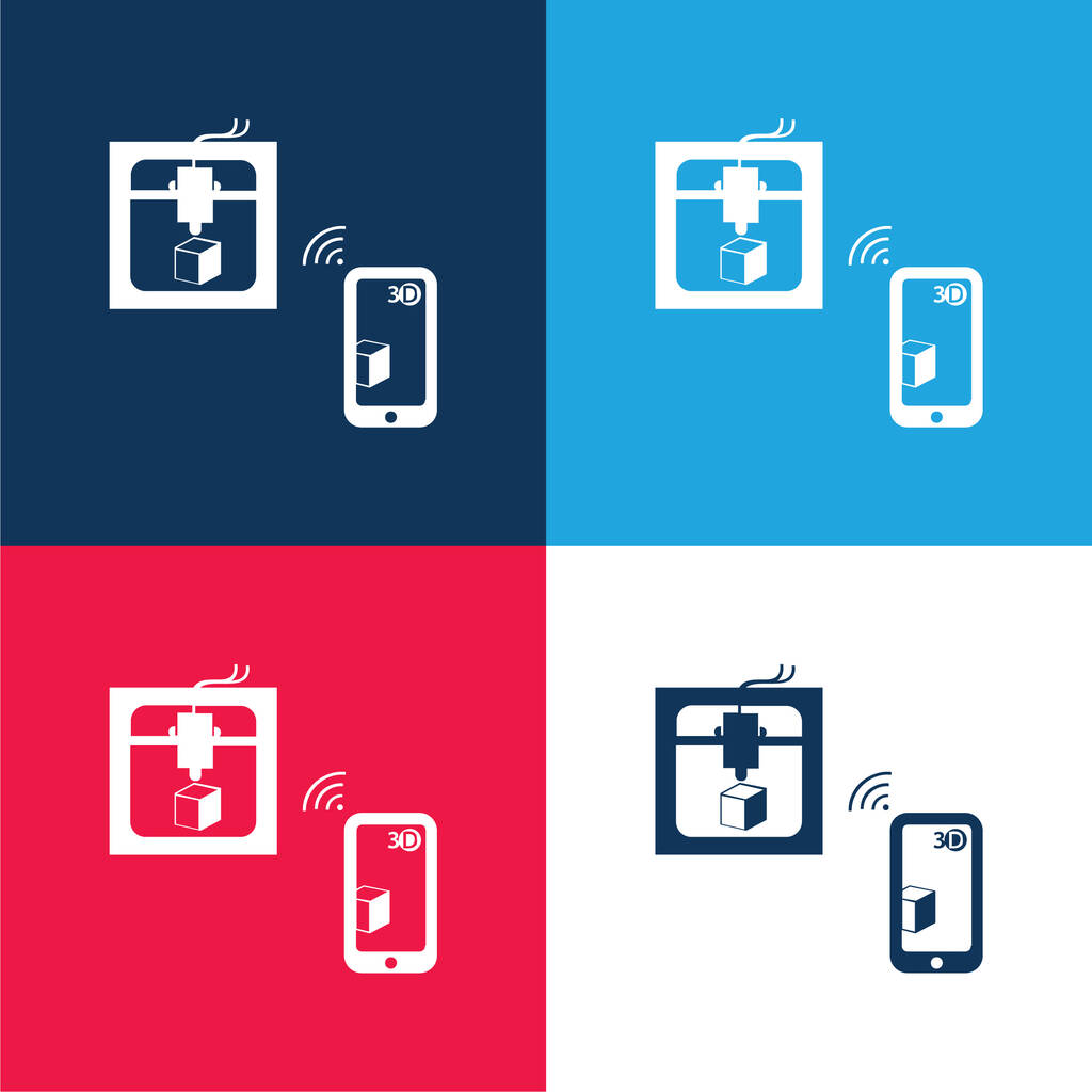 Impresora 3d conectada a la tableta por señal inalámbrica azul y rojo conjunto de iconos mínimo de cuatro colores - Vector, Imagen