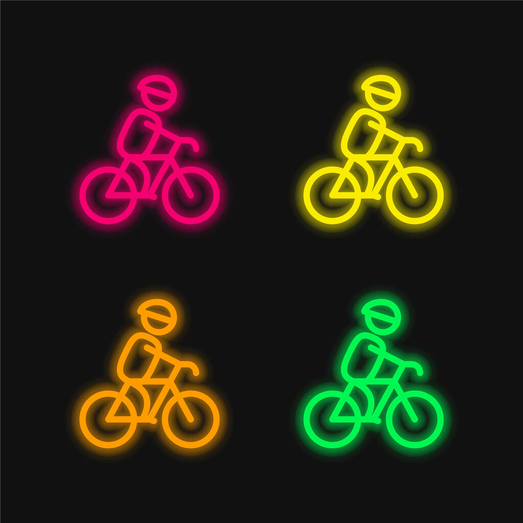 Biker With Helmet four color glowing neon vector icon - Vector, Image