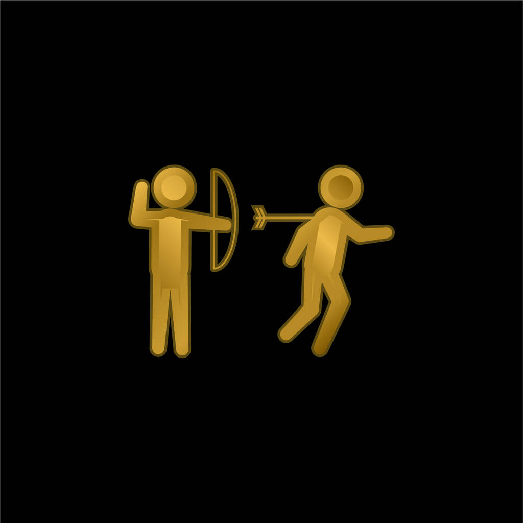 Archer przestępca raniący osobę za plecy strzałą łuku złoconą metaliczną ikoną lub wektorem logo - Wektor, obraz