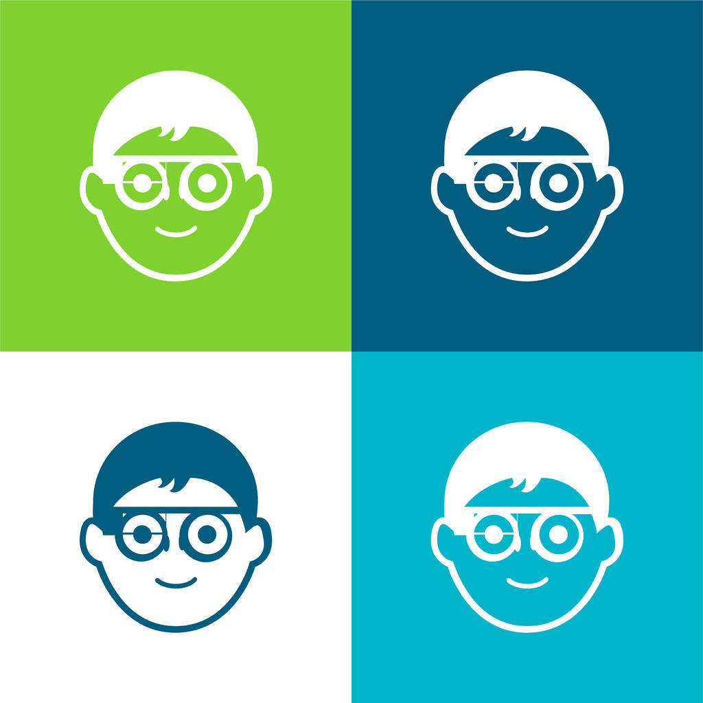 Cara de niño con gafas graduadas circulares y gafas de Google plana de cuatro colores mínimo icono conjunto - Vector, imagen