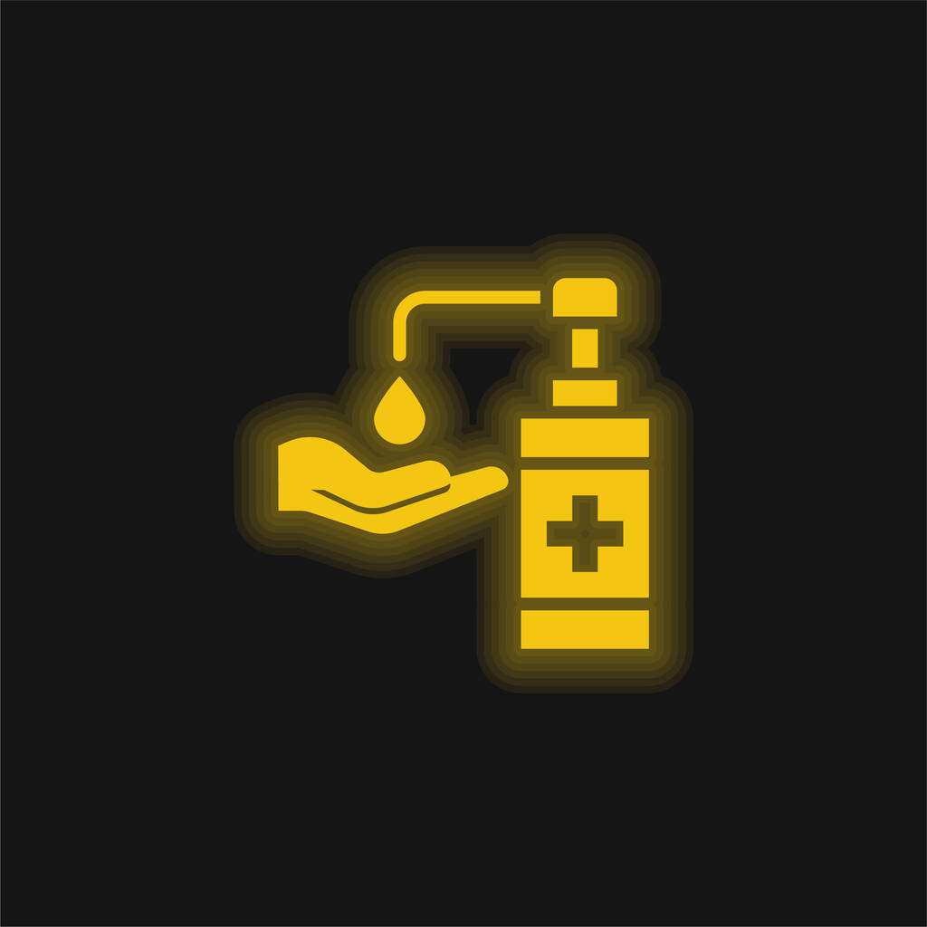 Antibakteriális gél sárga izzó neon ikon - Vektor, kép