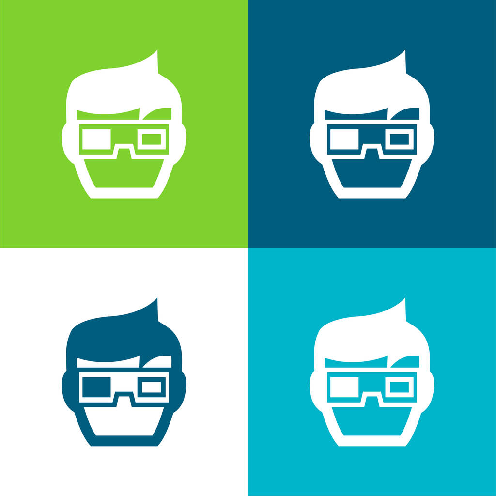 Garçon avec des lunettes 3D au cinéma plat quatre couleurs ensemble d'icône minimale - Vecteur, image