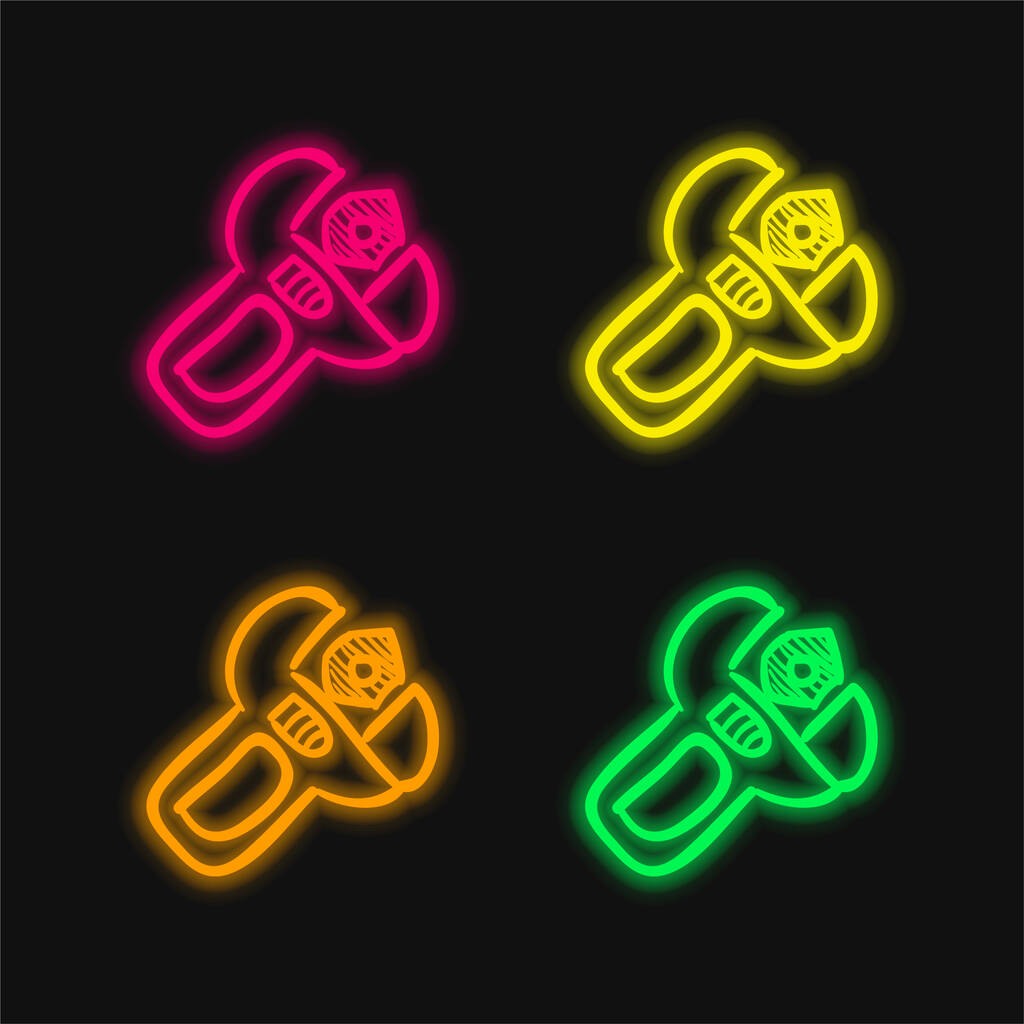 Strumento disegnato a mano chiave regolabile icona al neon quattro colori incandescente vettore - Vettoriali, immagini
