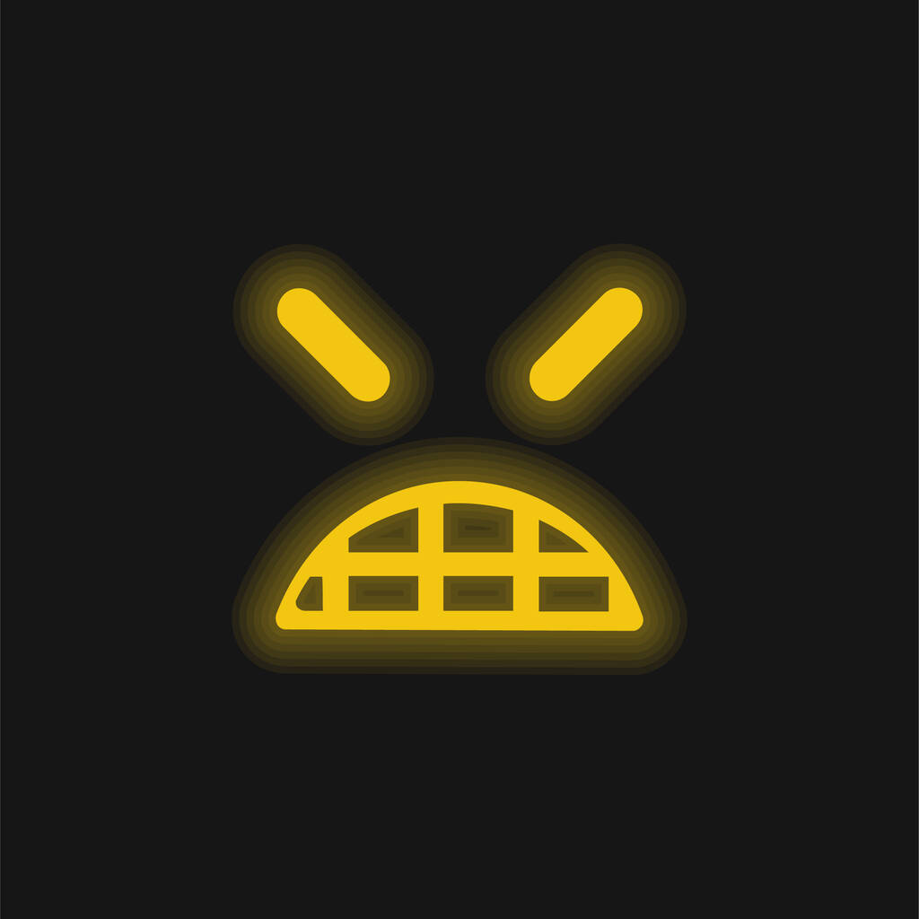 Emoticono enojado cara cuadrada con los ojos cerrados amarillo brillante icono de neón - Vector, Imagen