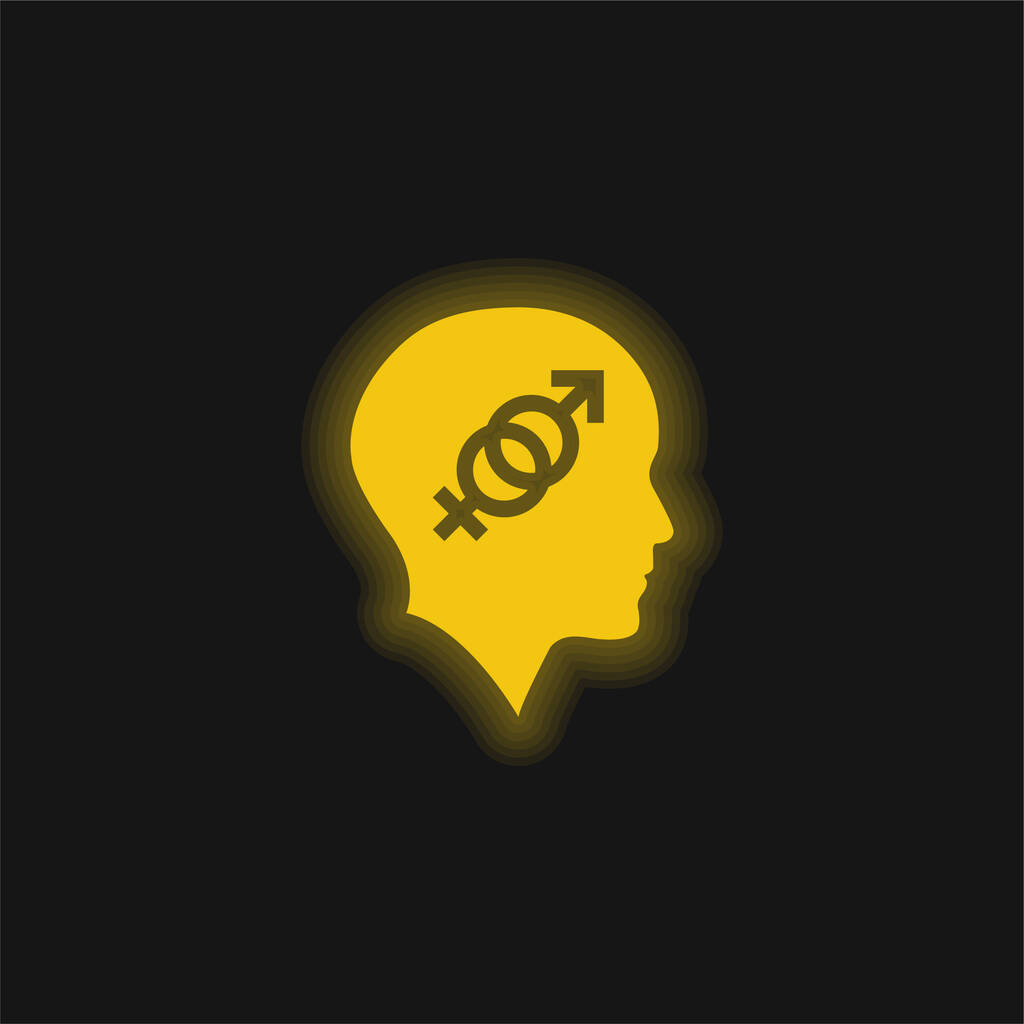 Φαλακρό κεφάλι με σύμβολα σεξ κίτρινο λαμπερό νέον εικονίδιο - Διάνυσμα, εικόνα