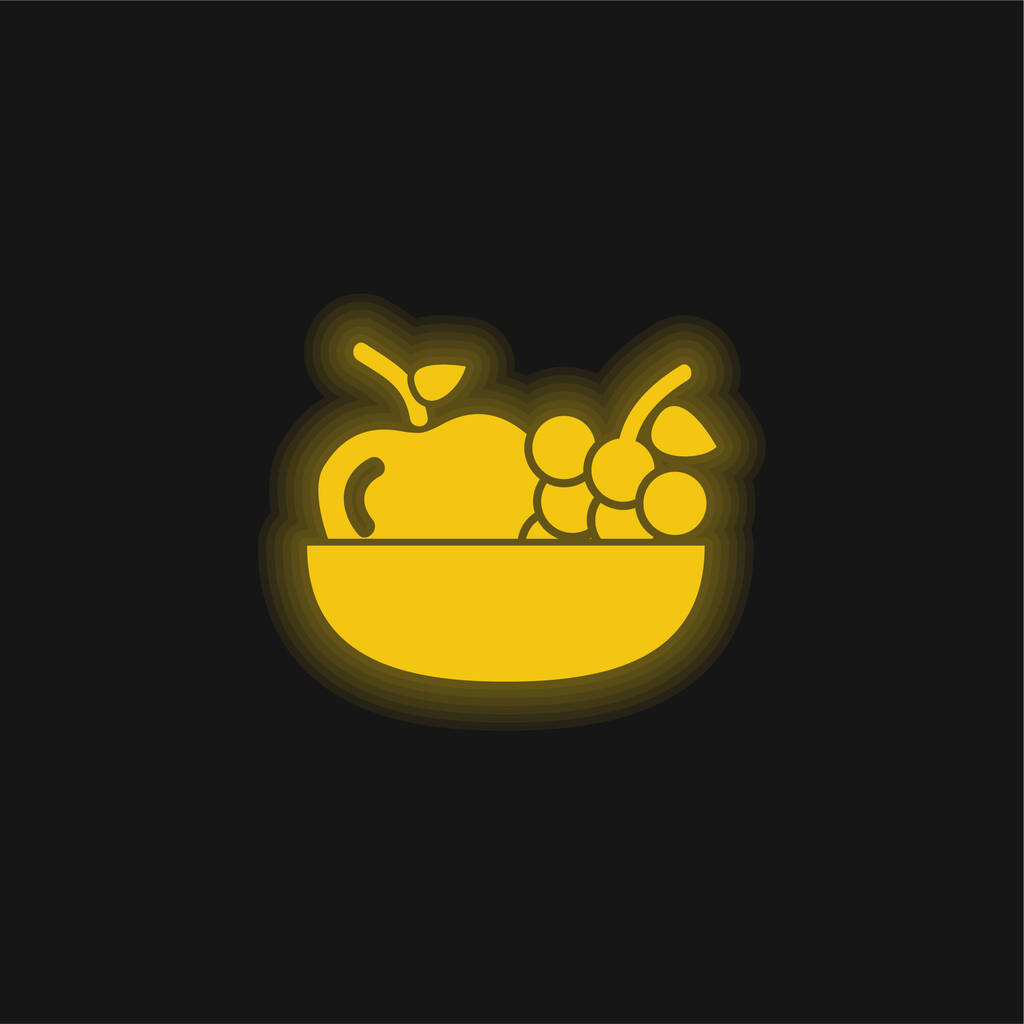 Μήλο και σταφύλια σε ένα μπολ κίτρινο λαμπερό νέον εικονίδιο - Διάνυσμα, εικόνα