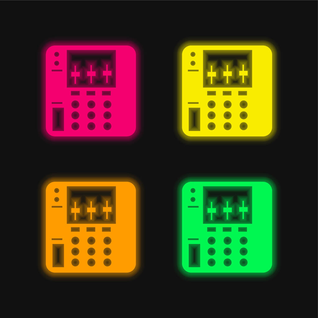 Ecualizador de audio Dispositivo de cuatro colores brillante icono de vectores de neón - Vector, imagen