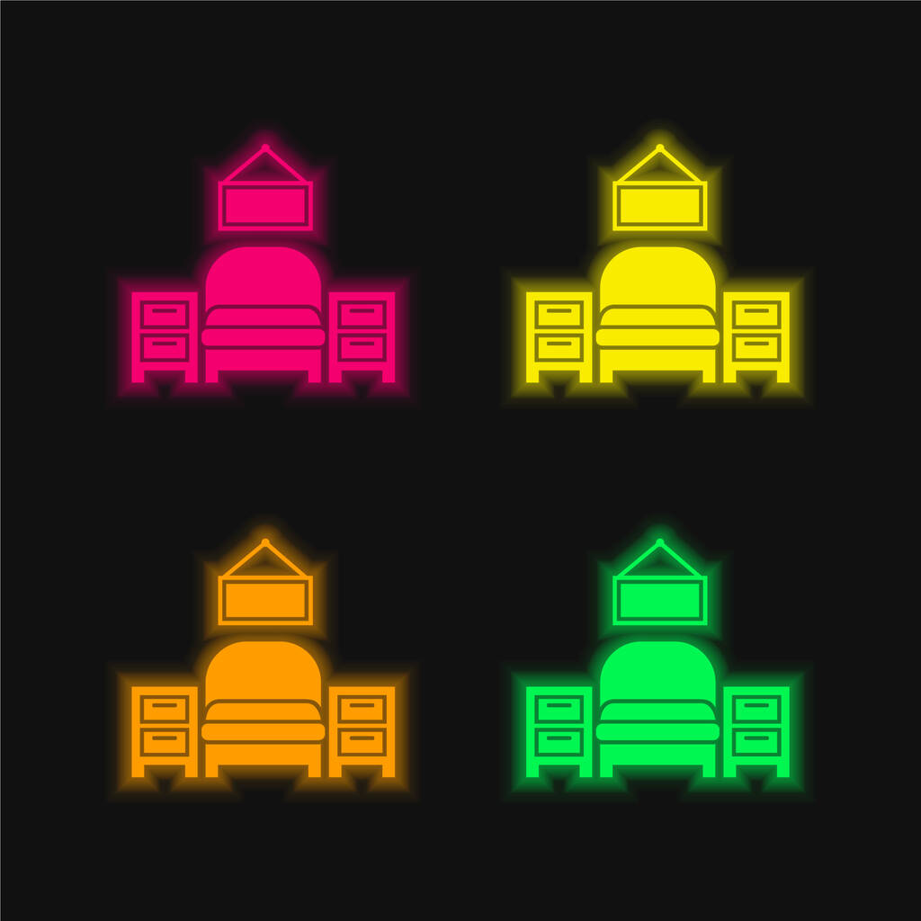 Equipo de muebles de dormitorio icono de vectores de neón brillante de cuatro colores - Vector, Imagen