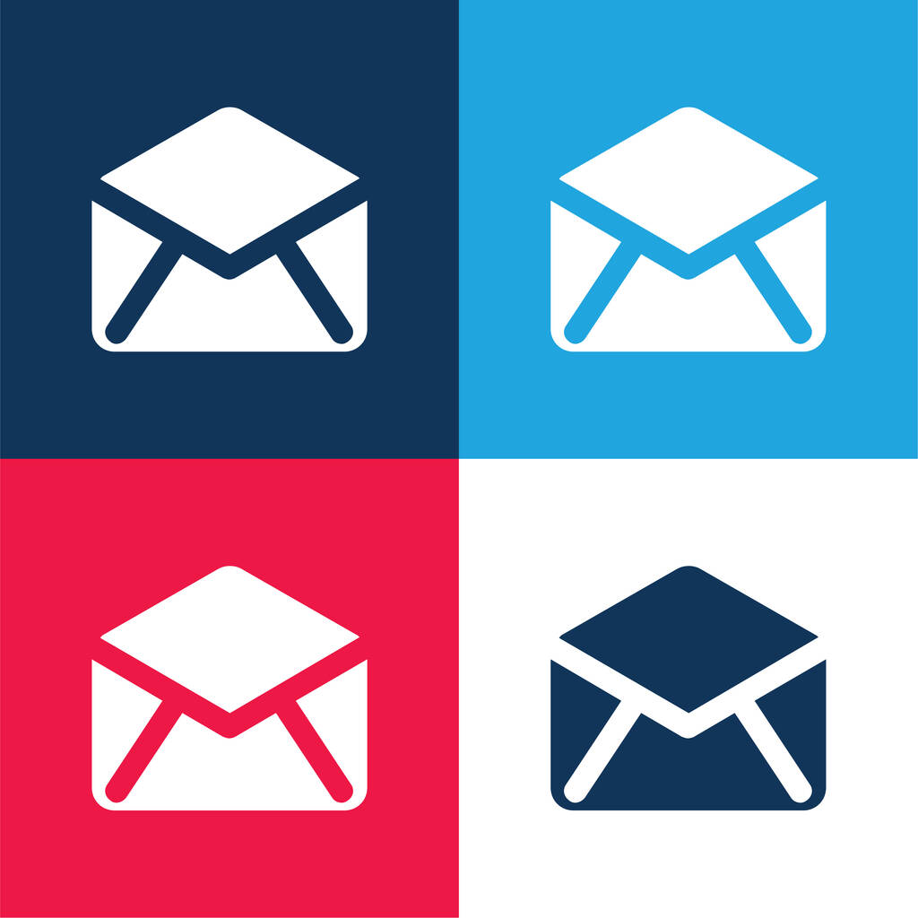 Zwart Open Envelop Terug blauw en rood minimaal vier kleuren icoon set - Vector, afbeelding