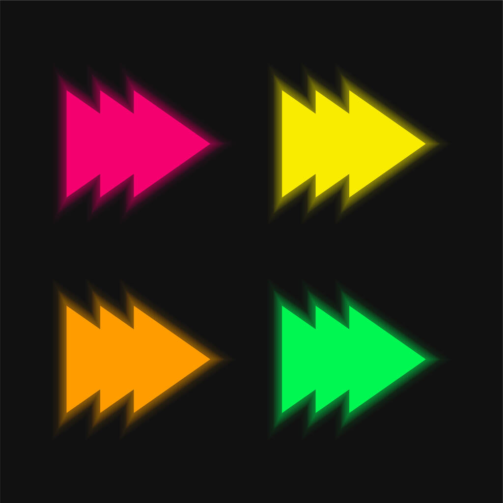 Flèche de trois flèches remplies groupées à droite quatre couleurs rougeoyantes icône vectorielle néon - Vecteur, image