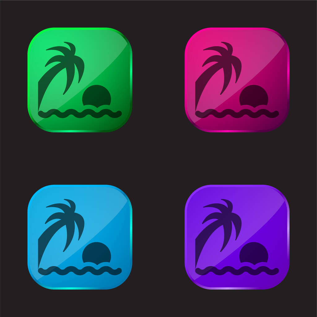 Beach Sunset icône de bouton en verre quatre couleurs - Vecteur, image