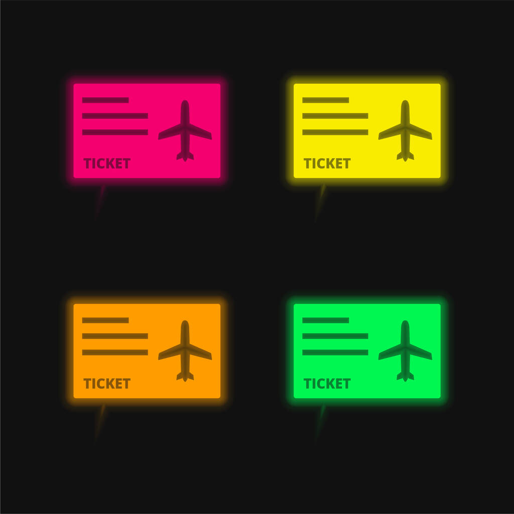 Airplane Flight Ticket four color glowing neon vector icon - Vector, Image