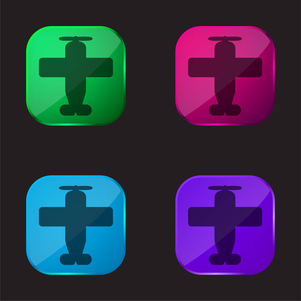Airplane With One Helix four color glass button icon - Vector, Image