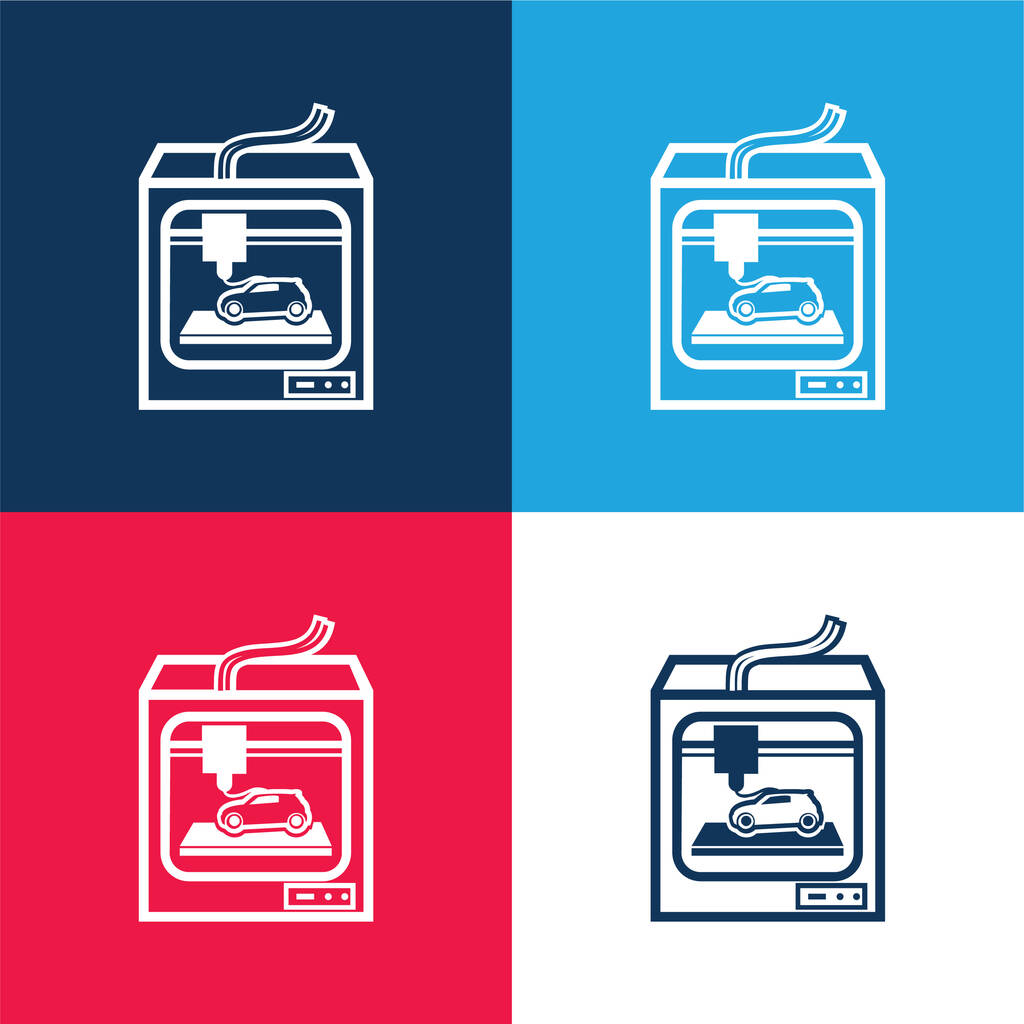 3d Printer Tool Printing A Car blue and red four color minimal icon set - Vector, Image