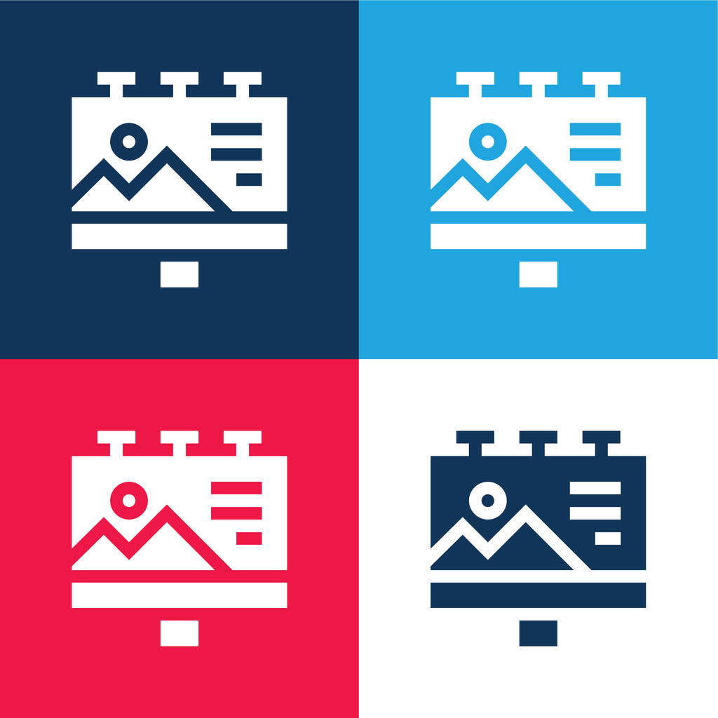 Billboard azul y rojo conjunto de iconos mínimo de cuatro colores - Vector, imagen